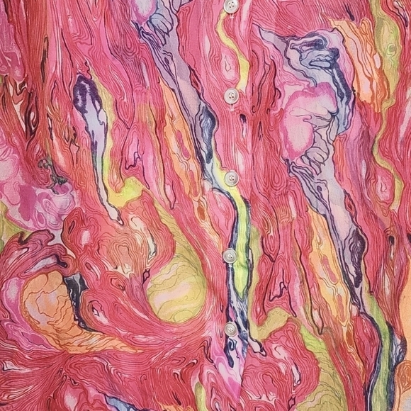 Vtg Carol Henry 70s Vibrant Marbled Sheer Button Up, LS, Large, Pink Blue Orange - Picture 2 of 10